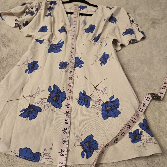 FREE PEOPLE MELANIE Blue FLORAL Beige RUCHED SLEEVE MINI DRESS SZ 0 Babydoll - Picture 15 of 16